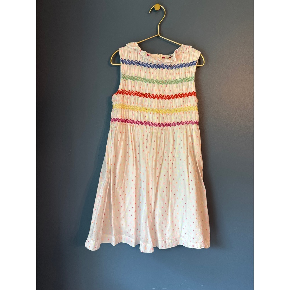 Boden Girls White Rainbow Smocked Sleeveless Dress Neon Polka Dot Size 8-9Y